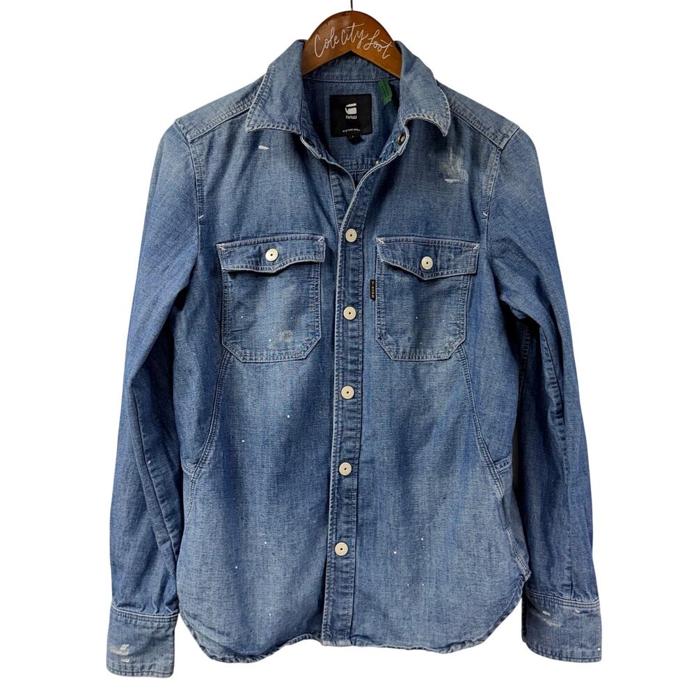 G Star Kick Back Worker Shirt Distressed Jean Denim Large Snap Western